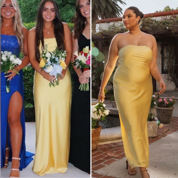 Show Me Your Mumu Taylor Tube Maxi Strapless Dress in Yellow Luxe Satin $198 XS - Picture 4 of 11